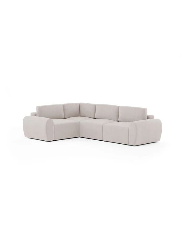 Ecru-farbenes Ecksofa links mit Buchenholz-Gestell, Kunststoffbeinen und gepolsterten Sitz- und Rückenkissen, Grösse 315x305 cm.