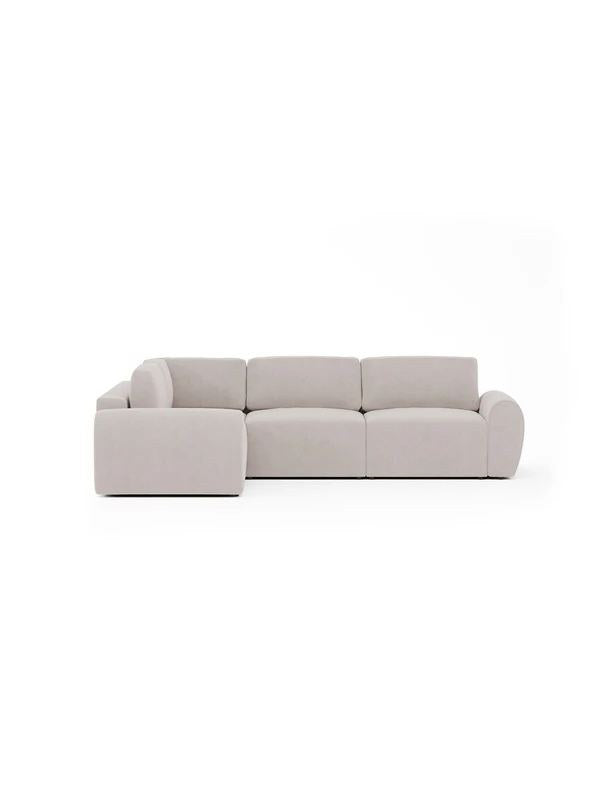 Ecru-farbenes Ecksofa links mit Buchenholz-Gestell, Kunststoffbeinen und gepolsterten Sitz- und Rückenkissen, Grösse 315x305 cm.