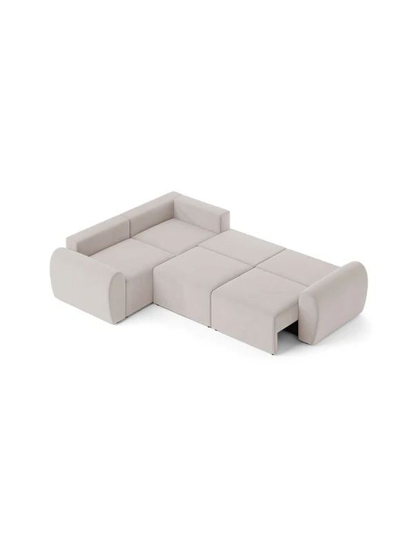 Ecru-farbenes Ecksofa links mit Buchenholz-Gestell, Kunststoffbeinen und gepolsterten Sitz- und Rückenkissen, Grösse 315x305 cm.