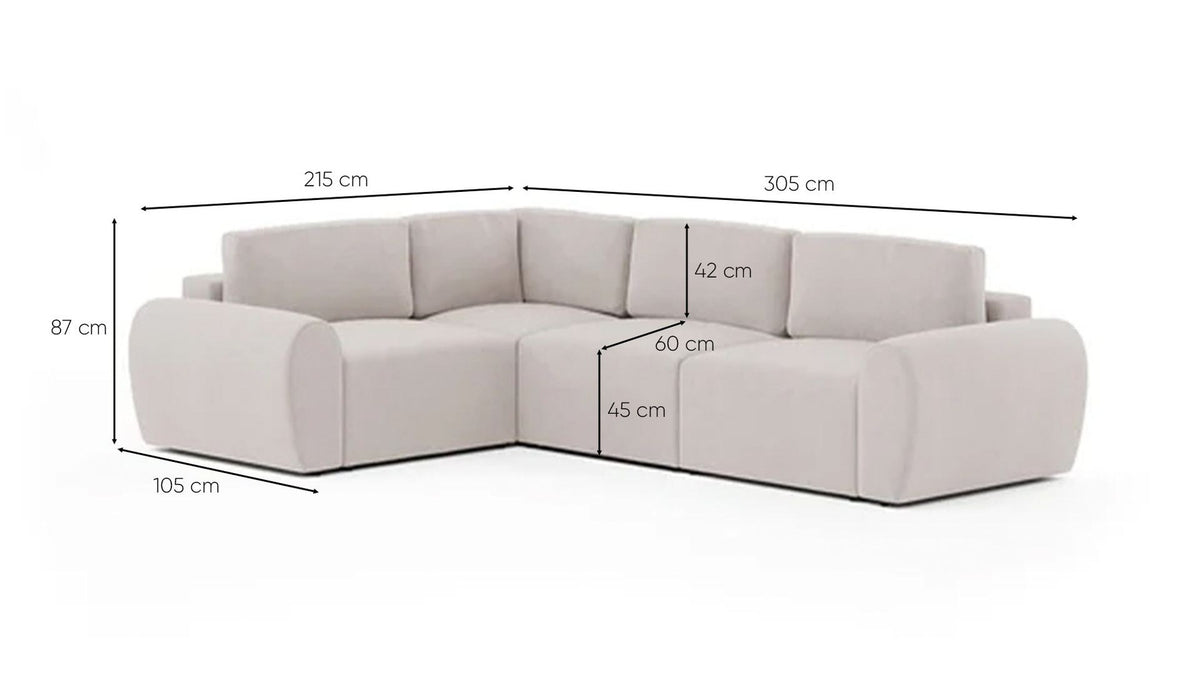 Ecru-farbenes Ecksofa links mit Buchenholz-Gestell, Kunststoffbeinen und gepolsterten Sitz- und Rückenkissen, Grösse 315x305 cm.