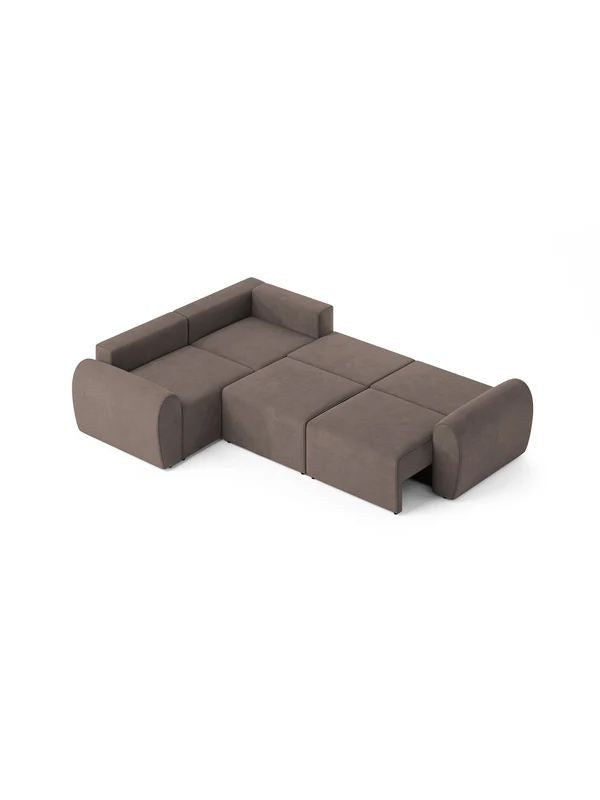 Braunes Ecksofa Mono P von Hanah Home mit Buchenholzgestell, Kunststoffbeinen und gepolsterten Sitz- und Rückenkissen, Ansicht von vorne.