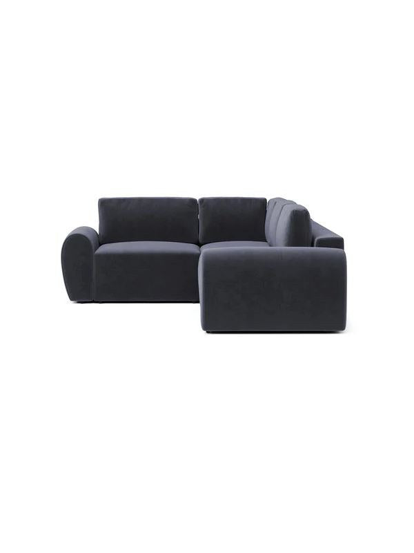 Petrolblaues Ecksofa mit Buchenholzgestell, Kunststoffbeinen und gepolsterten Sitzkissen, links ausgerichtet, Frontalansicht.