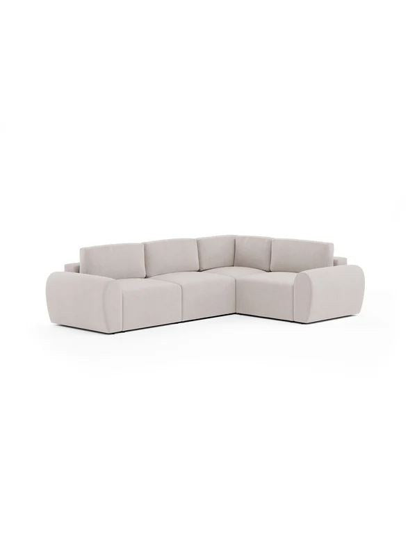 Ecksofa Mono P rechts in Ecru mit Buchenholzgestell, Kunststoffbeinen und gepolsterten Sitzflächen, Ansicht von vorne.