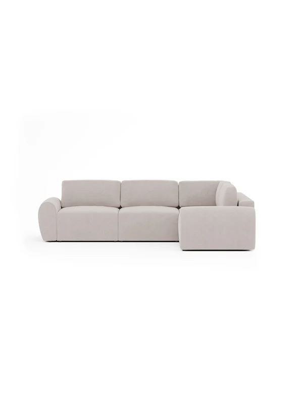Ecksofa Mono P rechts in Ecru mit Buchenholzgestell, Kunststoffbeinen und gepolsterten Sitzflächen, Ansicht von vorne.