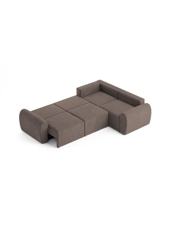 Braunes Ecksofa rechts mit Kunststoffbeinen, Gestell aus Buchenholz und Spanplatte, gepolstert mit weichem Schaumstoff, Sitzhöhe 45 cm.