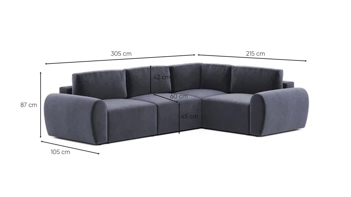 Ecksofa rechts in Petrolblau mit Buchenholzgestell, Spanplatte und Kunststoffbeinen, Sitzhöhe 45 cm, von Hanah Home.