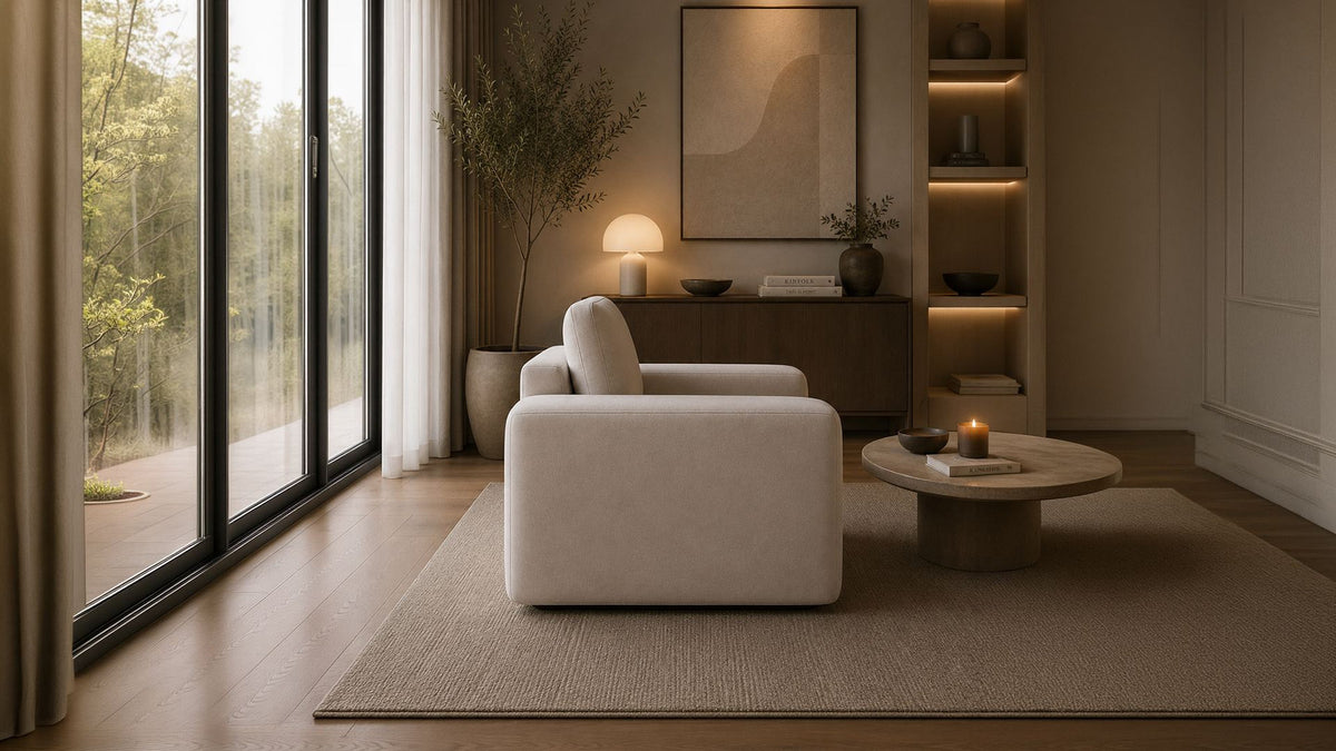 Cremefarbenes 1-Sitzer Sofa Mono Lily mit Buchenholzgestell, weichen Schaumstoffkissen und Kunststoffbeinen, Sitzhöhe 45 cm.