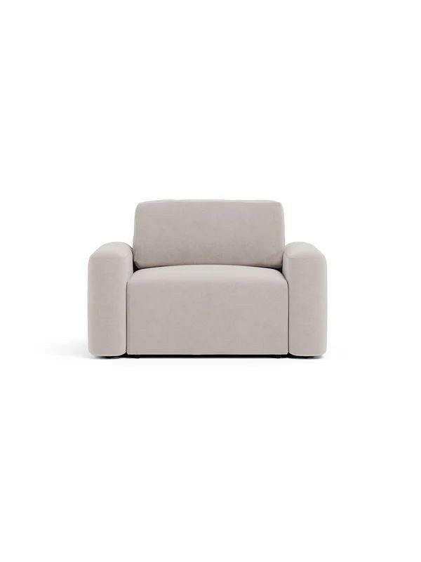 Cremefarbenes 1-Sitzer Sofa Mono Lily mit Buchenholzgestell, weichen Schaumstoffkissen und Kunststoffbeinen, Sitzhöhe 45 cm.