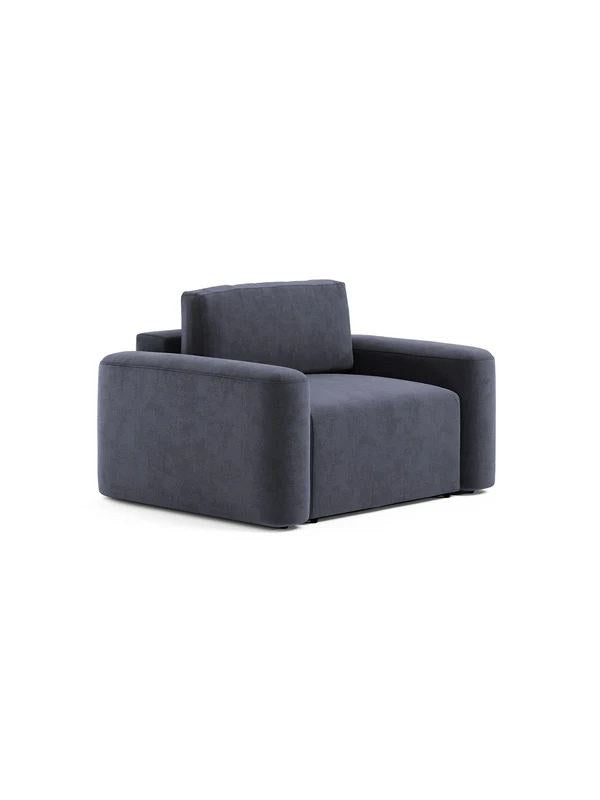 Petrolblaues 1-Sitzer Sofa mit Buchenholzgestell, gepolstertem Sitz und schlanken Kunststoffbeinen, Sitzhöhe 45 cm.