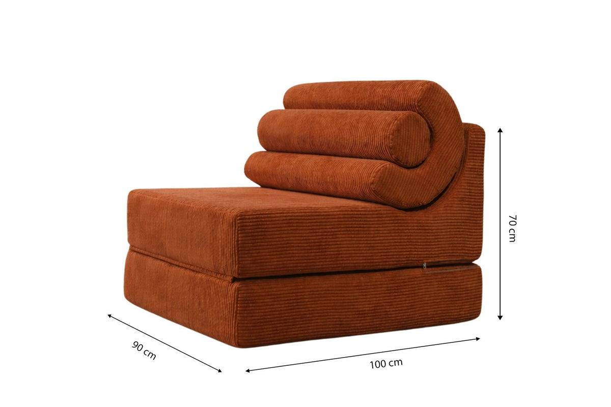 Zimtfarbenes 1-Sitzer Schlafsofa ohne Gestell aus 28 DNS Schaumstoff, kompakte Form, wandelbar zum Bett mit Liegefläche 200 cm.