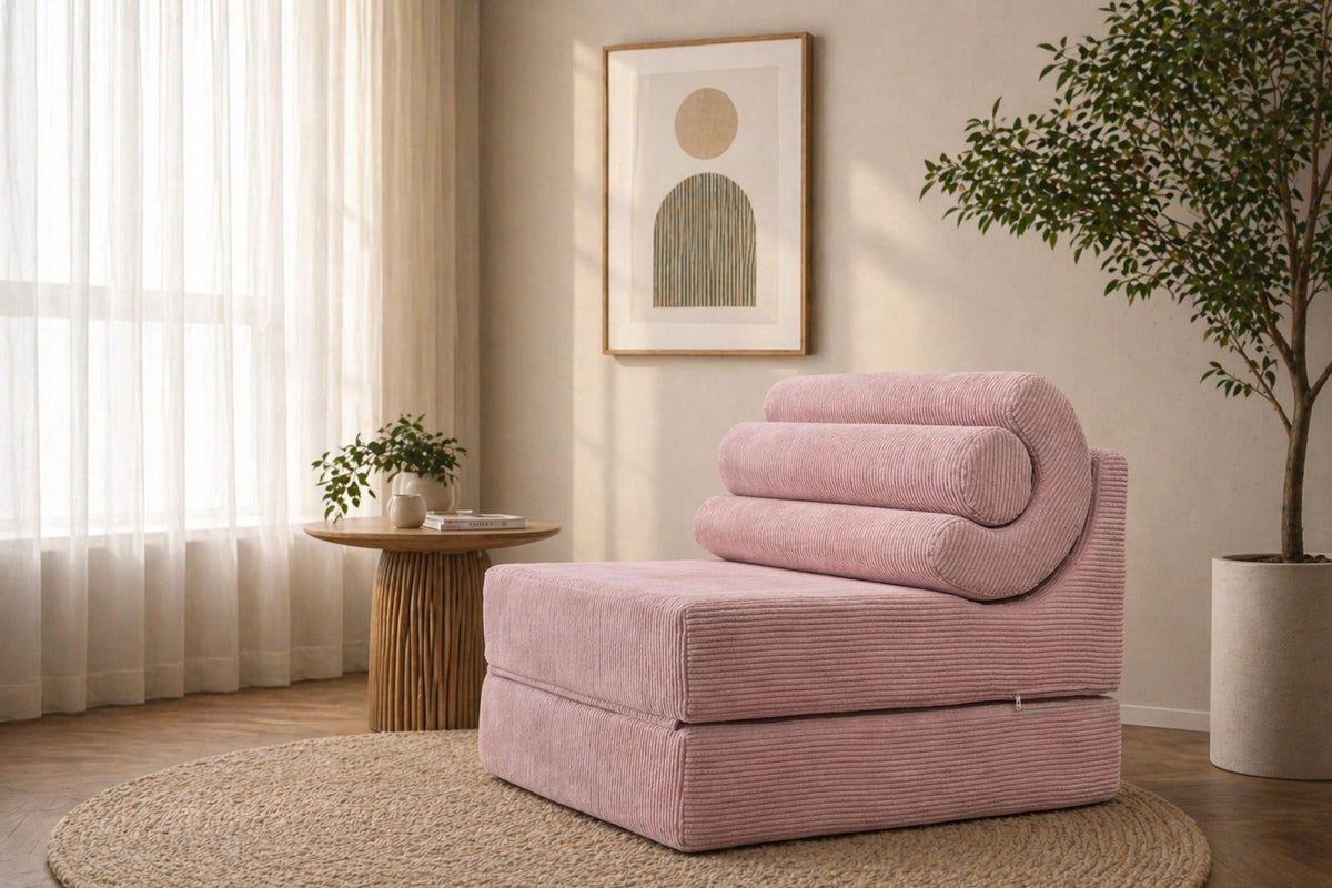 Rosa 1-Sitzer Schlafsofa aus Schaumstoff, kompakte Form, links als Sofa, rechts ausgeklappt als Bett mit sichtbarer Liegefläche.