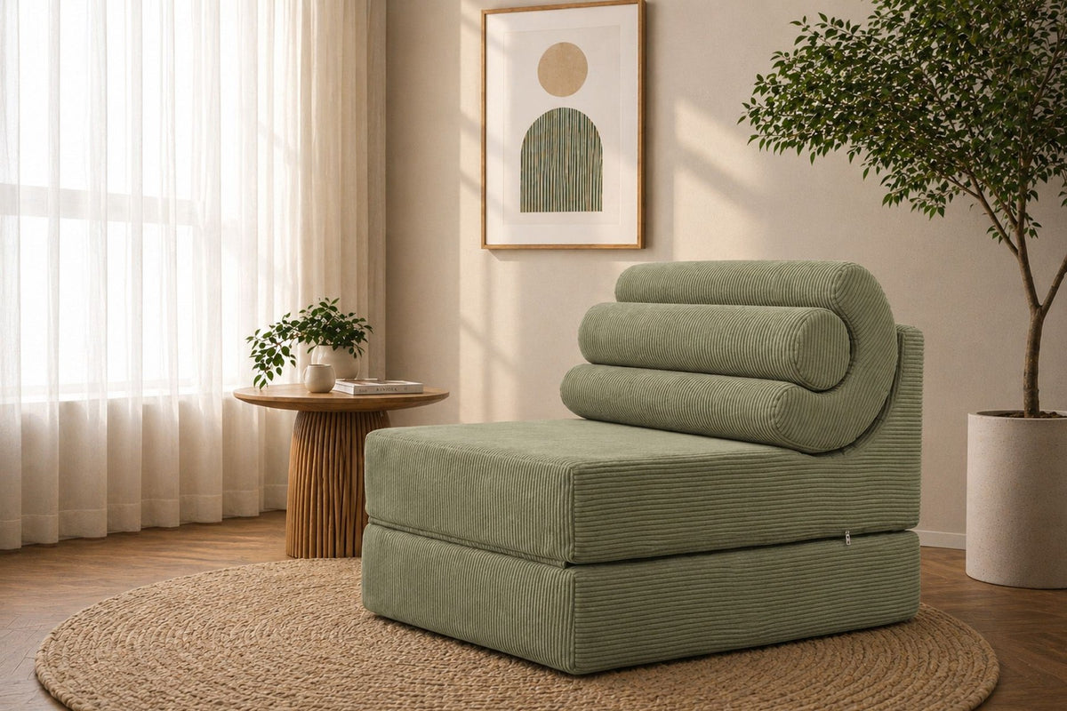 Mintfarbenes 1-Sitzer Schlafsofa Duo Relax von Hanah Home, ausgeklappt als Bett, ohne Rahmen, mit Schaumstoffpolsterung.