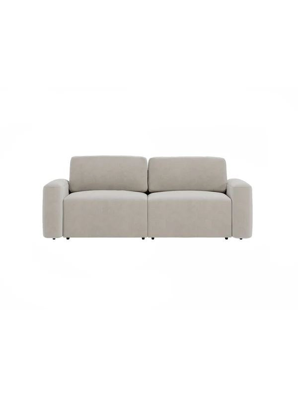 Ecrufarbenes 3-Sitzer Sofa Mono Lilly mit Gestell aus Buchenholz und Spanplatte, Kunststoffbeinen und gepolsterten Sitzkissen.