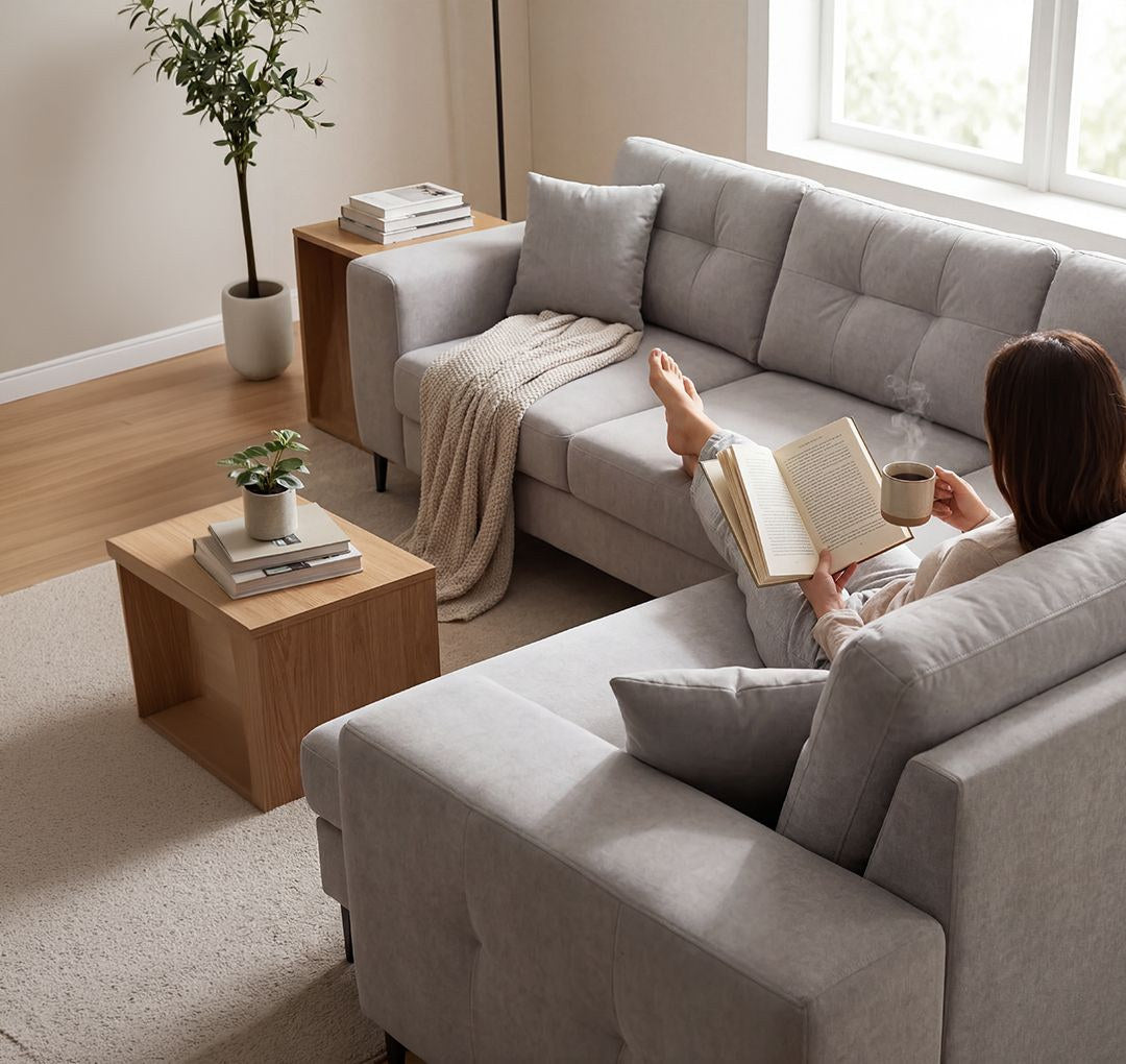 Foto des Maddison Ecksofa links in Ecru von Hanah Home: Sofa mit Polyesterbezug, Buchenholzgestell und Kunststoffbeinen im Wohnraum.