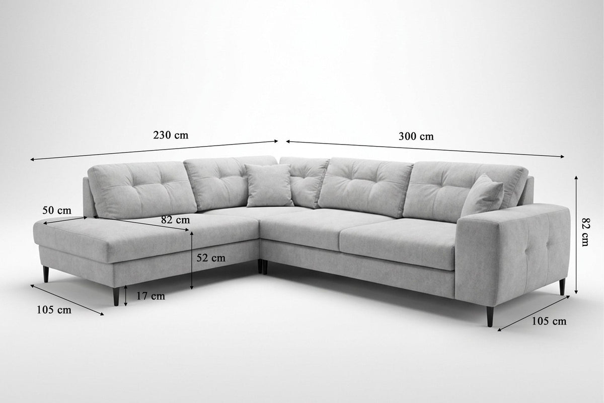 Foto des Maddison Ecksofa links in Ecru von Hanah Home: Sofa mit Polyesterbezug, Buchenholzgestell und Kunststoffbeinen im Wohnraum.