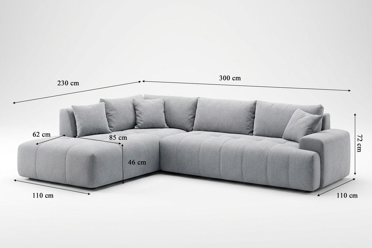 Ecksofa links Toledo von Hanah Home in Farbe Ecru mit Polyesterbezug, Gestell aus Buchenholz und Spanplatte, Kunststoffbeinen