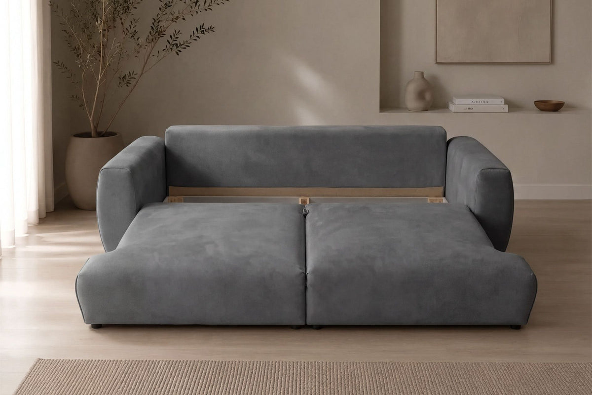 Graues 3-Sitzer Schlafsofa Arthur von Hanah Home mit Polyesterbezug, Buchenholzgestell und Kunststoffbeinen, zwei Kissen auf der Sitzfläche