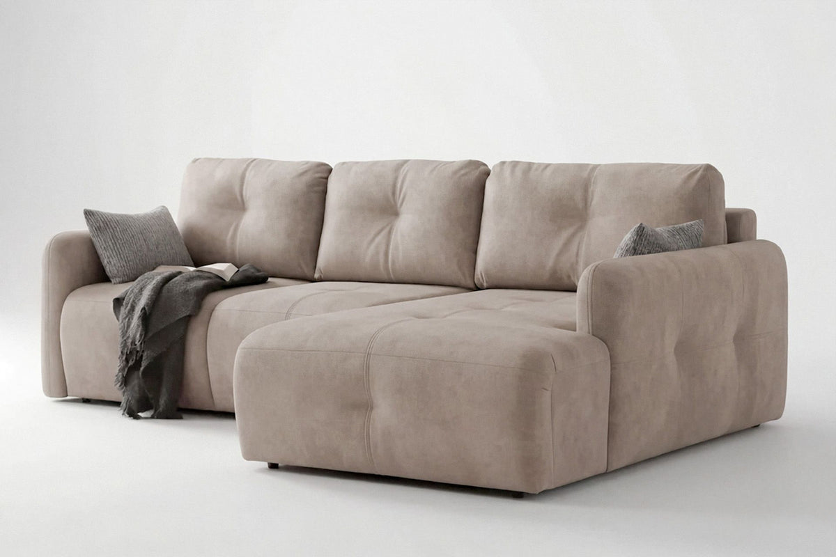 Eck-Schlafsofa rechts in Beige mit Polyesterbezug, Buchenholzgestell, Kunststoffbeinen und zwei Kissen, freistehend fotografiert.