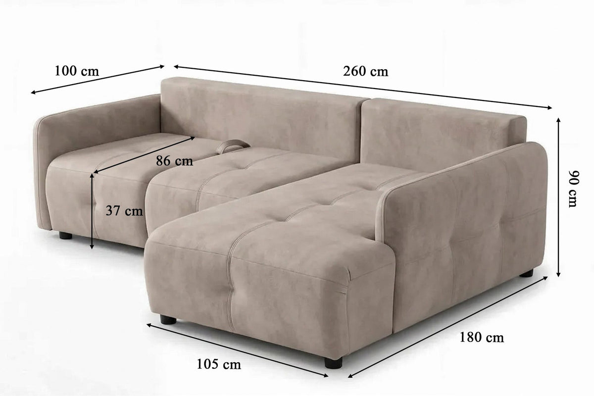 Eck-Schlafsofa rechts in Beige mit Polyesterbezug, Buchenholzgestell, Kunststoffbeinen und zwei Kissen, freistehend fotografiert.