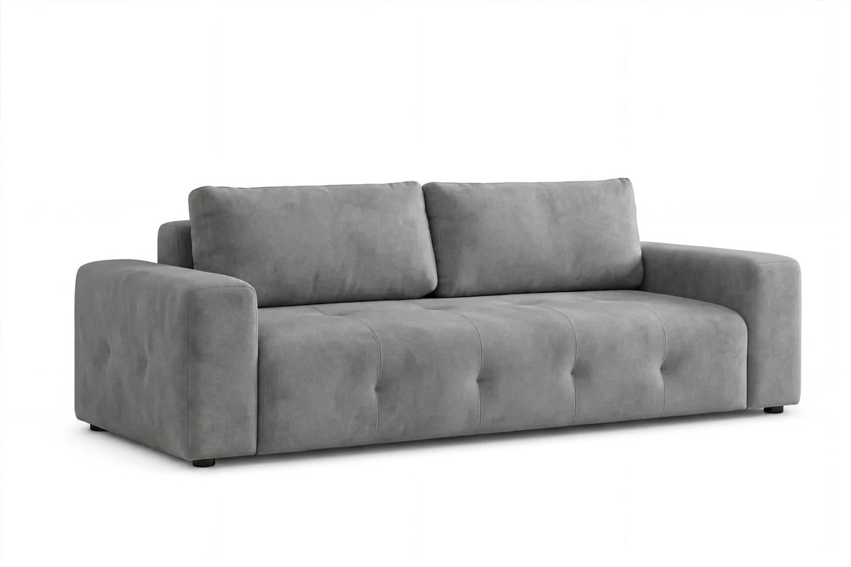 Graues 3-Sitzer Schlafsofa Magnum von Hanah Home mit Polyesterbezug, Kunststoffbeinen und sichtbarem Staufach unter der Sitzfläche.