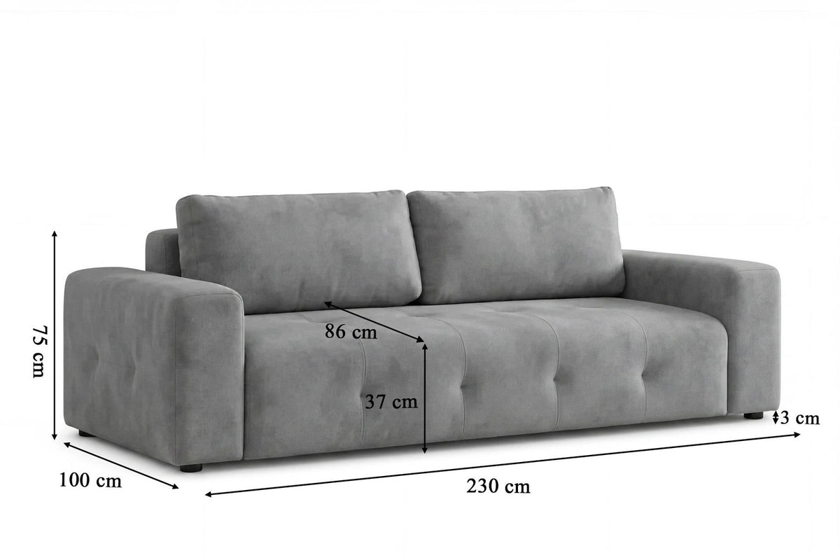 Graues 3-Sitzer Schlafsofa Magnum von Hanah Home mit Polyesterbezug, Kunststoffbeinen und sichtbarem Staufach unter der Sitzfläche.