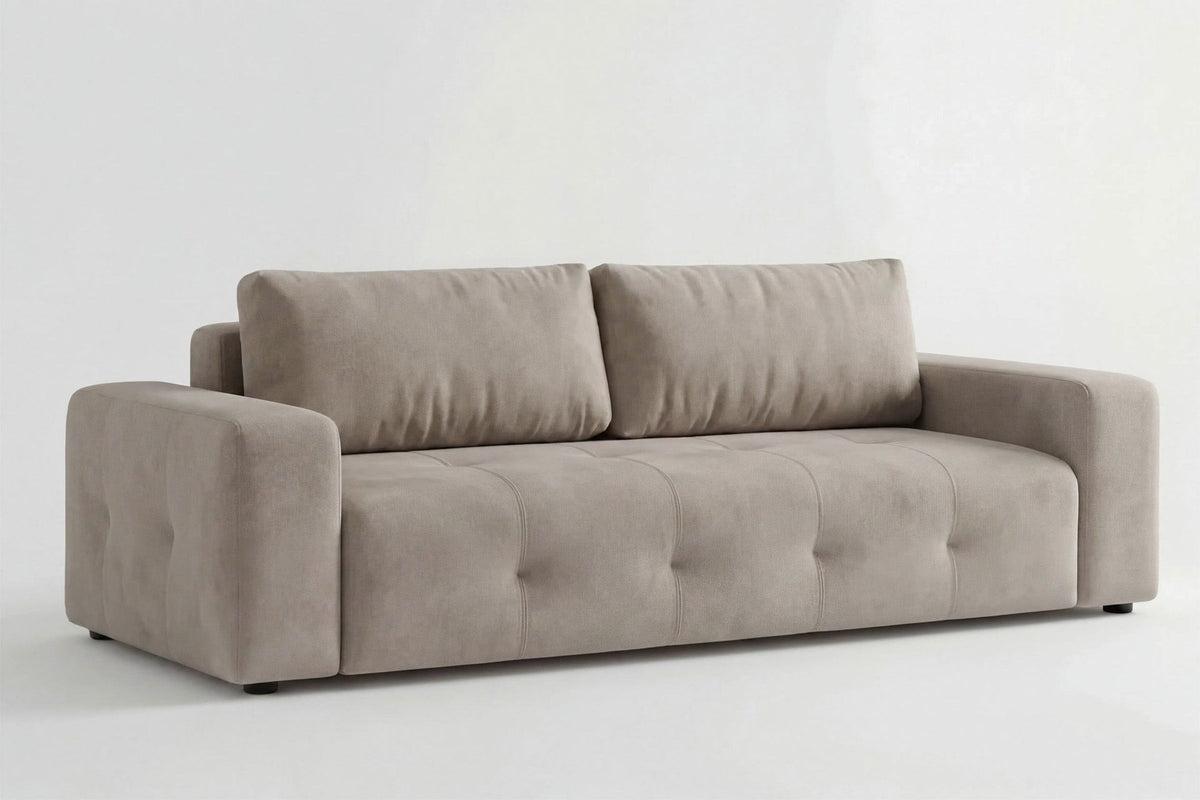 Beiges 3-Sitzer Schlafsofa Magnum von Hanah Home mit Polyesterbezug, Buchenholzgestell, Kunststoffbeinen und Staufach unter der Sitzfläche.