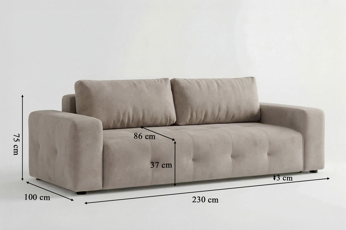Beiges 3-Sitzer Schlafsofa Magnum von Hanah Home mit Polyesterbezug, Buchenholzgestell, Kunststoffbeinen und Staufach unter der Sitzfläche.