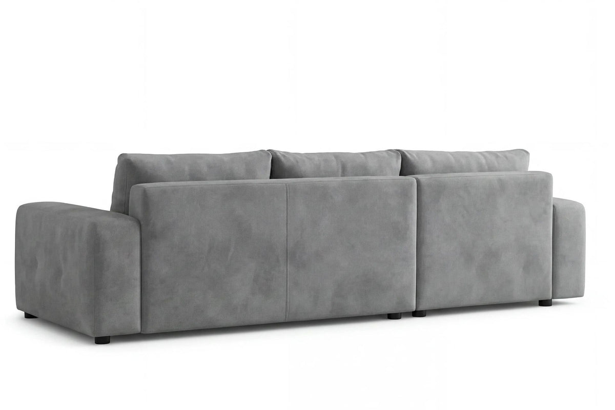 Graues Eck-Schlafsofa Magnum links aus Buchenholz und Polyesterbezug, mit Kunststoffbeinen, Stauraum und zwei losen Kissen auf der Sitzfläche.