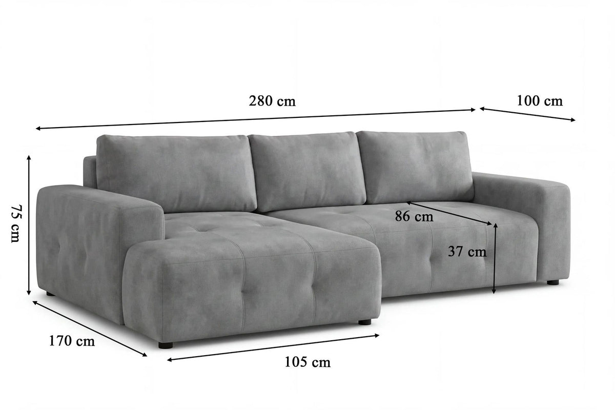 Graues Eck-Schlafsofa Magnum links aus Buchenholz und Polyesterbezug, mit Kunststoffbeinen, Stauraum und zwei losen Kissen auf der Sitzfläche.