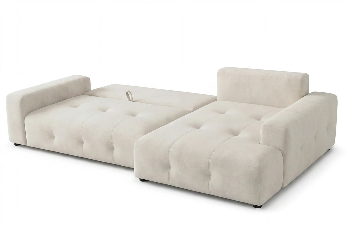 Eck-Schlafsofa Magnum in Ecru mit Polyesterbezug, Kunststoffbeinen und sichtbarem Staufach unter der Sitzfläche, rechte Ausführung.