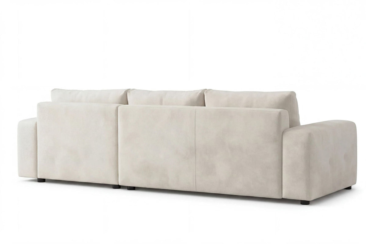 Eck-Schlafsofa Magnum in Ecru mit Polyesterbezug, Kunststoffbeinen und sichtbarem Staufach unter der Sitzfläche, rechte Ausführung.
