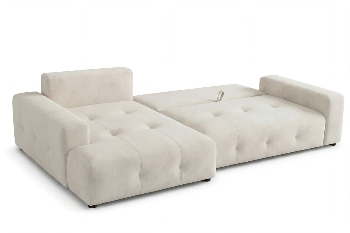 Ecru-farbenes Eck-Schlafsofa Magnum von Hanah Home mit Polyesterbezug, Buchenholzgestell und Kunststoffbeinen, links ausgerichtet.