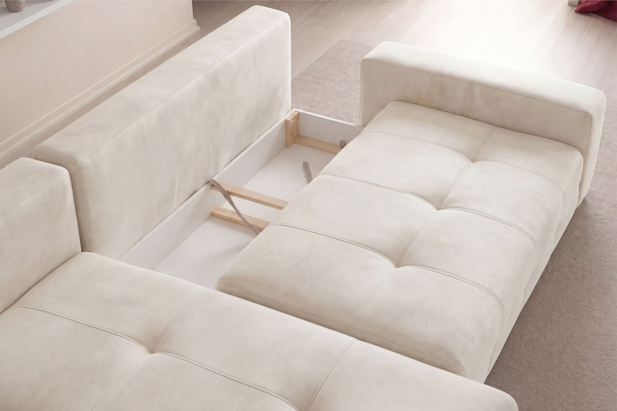 Ecru-farbenes Eck-Schlafsofa Magnum von Hanah Home mit Polyesterbezug, Buchenholzgestell und Kunststoffbeinen, links ausgerichtet.