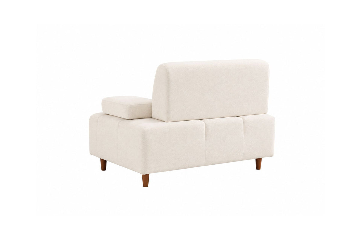 Cremefarbenes 3-Sitzer-Sofa Madlen von Hanah Home mit Polyesterbezug, Kunststoffbeinen und zwei Kissen auf Buchenholzgestell