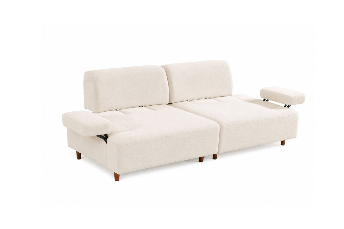 Cremefarbenes 3-Sitzer-Sofa Madlen von Hanah Home mit Polyesterbezug, Kunststoffbeinen und zwei Kissen auf Buchenholzgestell