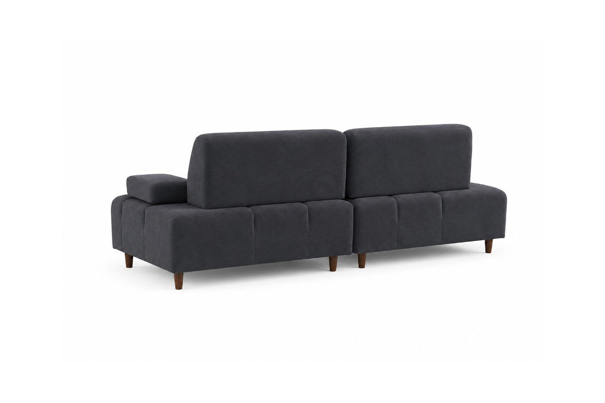 Petrolblaues 3-Sitzer-Sofa Madlen mit Polyesterbezug, hohen Kunststoffbeinen und geradliniger Form, Gestell aus Buchenholz und Spanplatte.