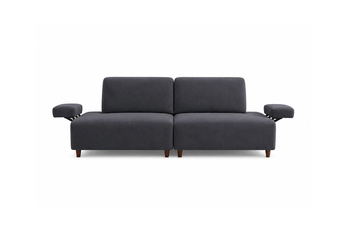 Petrolblaues 3-Sitzer-Sofa Madlen mit Polyesterbezug, hohen Kunststoffbeinen und geradliniger Form, Gestell aus Buchenholz und Spanplatte.