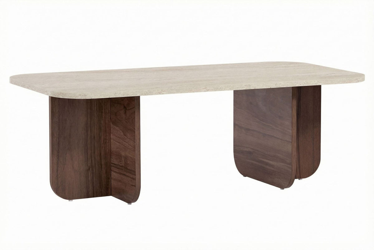 Couchtisch Akira von Nordure in Travertin und Venezia-Walnuss, rechteckige Form, Spanplatte mit Melaminbeschichtung, 120x60x41 cm.