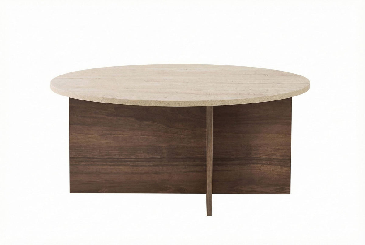 Couchtisch mit Tischplatte in Travertin-Optik und Venezia-Walnuss-Farbe, aus melaminbeschichteter Spanplatte, Masse 90 x 90 x 40 cm.