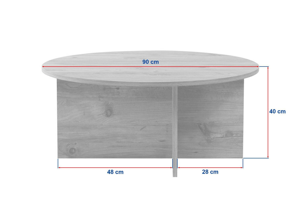 Couchtisch mit Tischplatte in Travertin-Optik und Venezia-Walnuss-Farbe, aus melaminbeschichteter Spanplatte, Masse 90 x 90 x 40 cm.