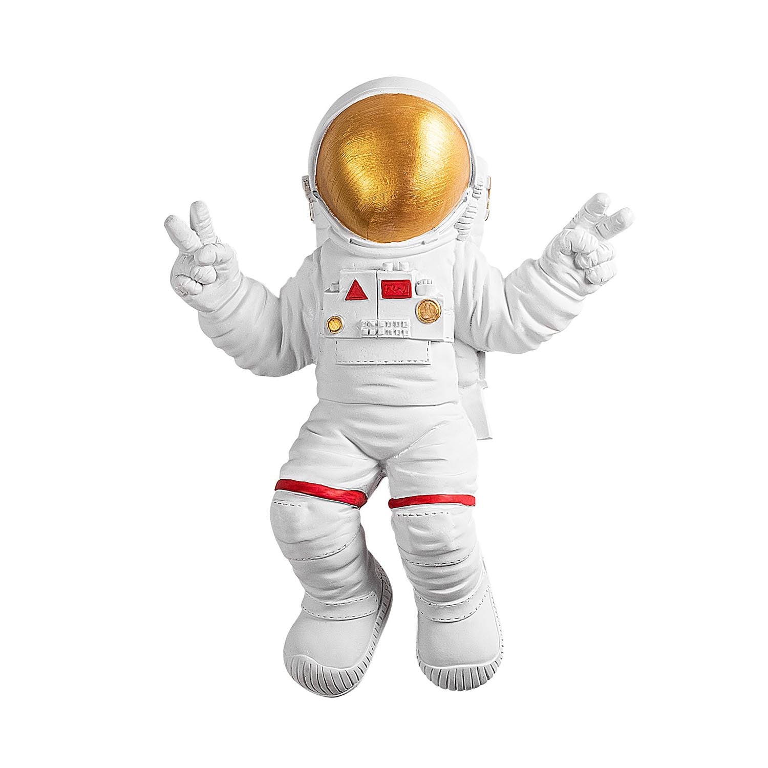 Verwandeln Sie Ihr Zuhause mit der eleganten Wanddeko "Peace Sign Astronaut" von Wallity in edlem Weiß und Gold – ein Blickfang für jeden Raum!