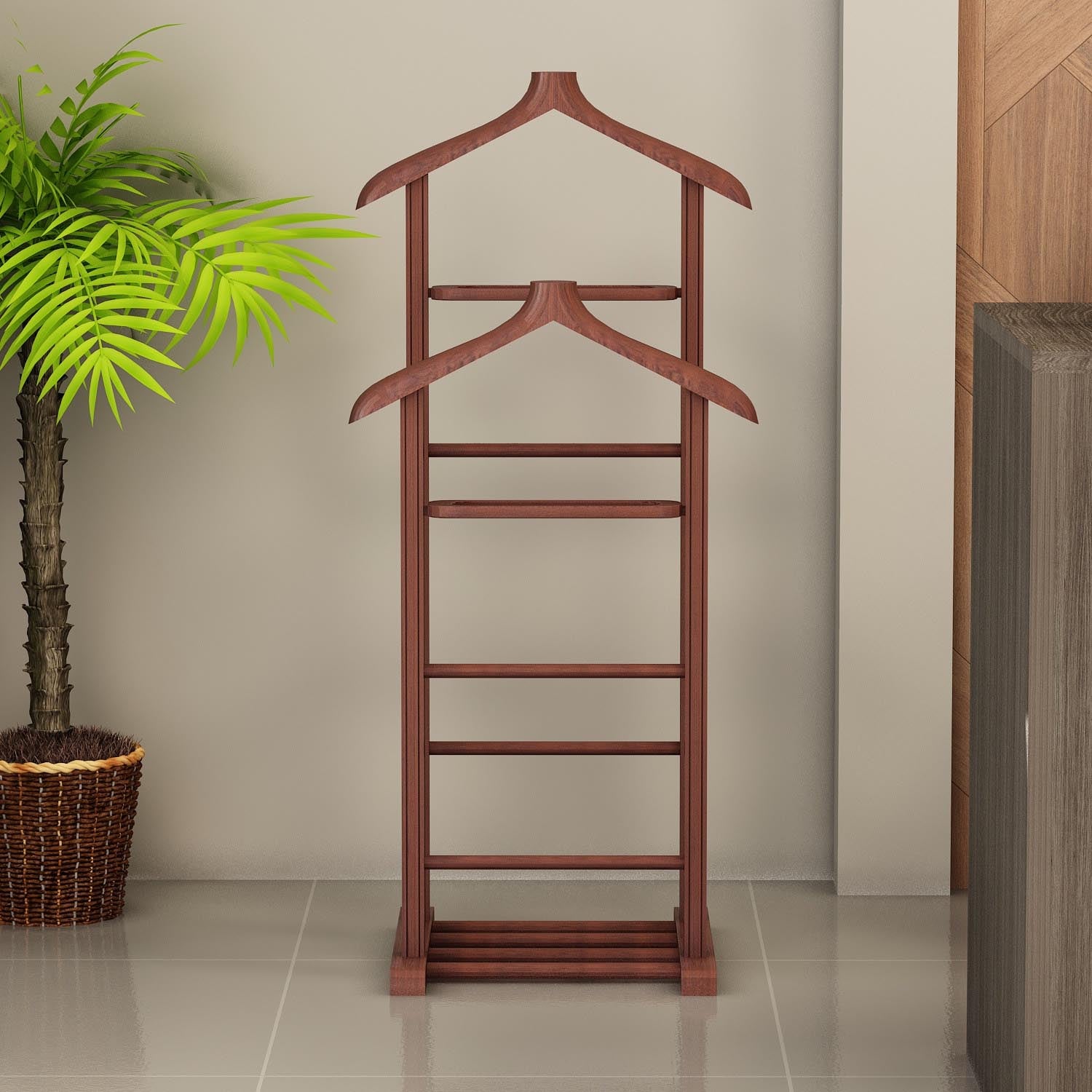 Stilvoller Kleiderständer Beta Double in edlem Walnuss-Finish. Ideal für die elegante Aufbewahrung und Präsentation Ihrer Outfits.