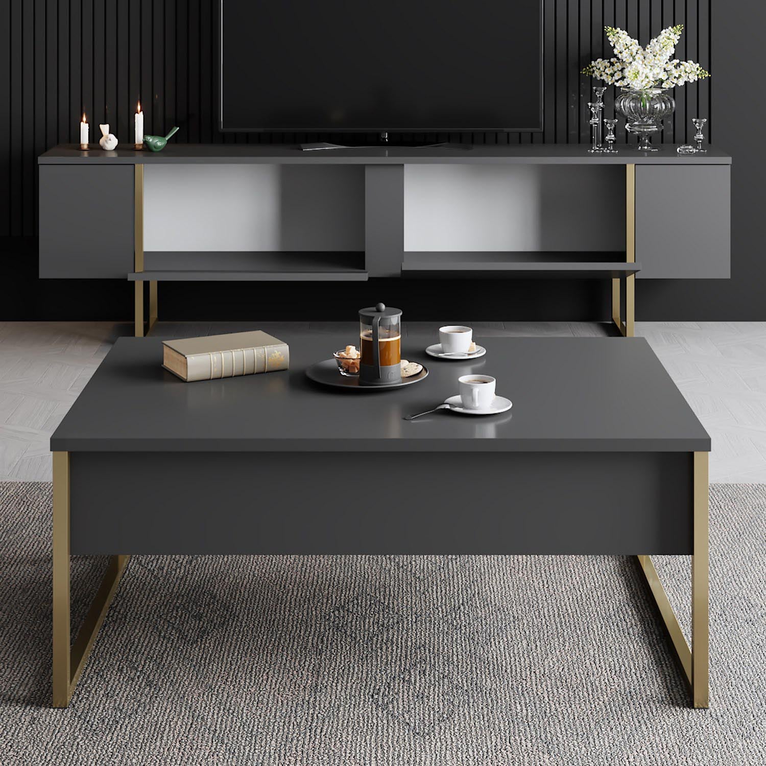 Entdecken Sie den Luxe Beistelltisch von Hanah Home in luxuriösem Anthrazit und Gold. Ein elegantes Design, das Stil und Funktionalität perfekt kombiniert.