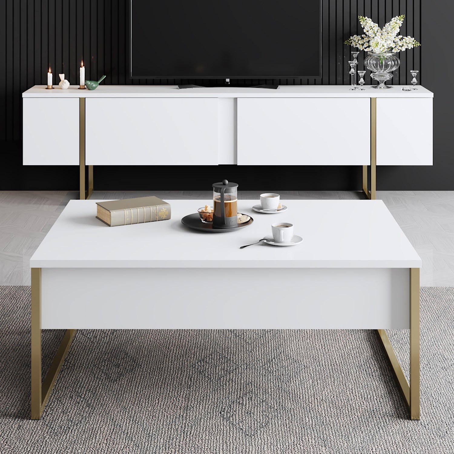 Verleihen Sie Ihrem Wohnzimmer mit dem eleganten TV-Ständer Luxe - White, Gold von Hanah Home einen Hauch von Luxus. Stil und Funktionalität vereint!