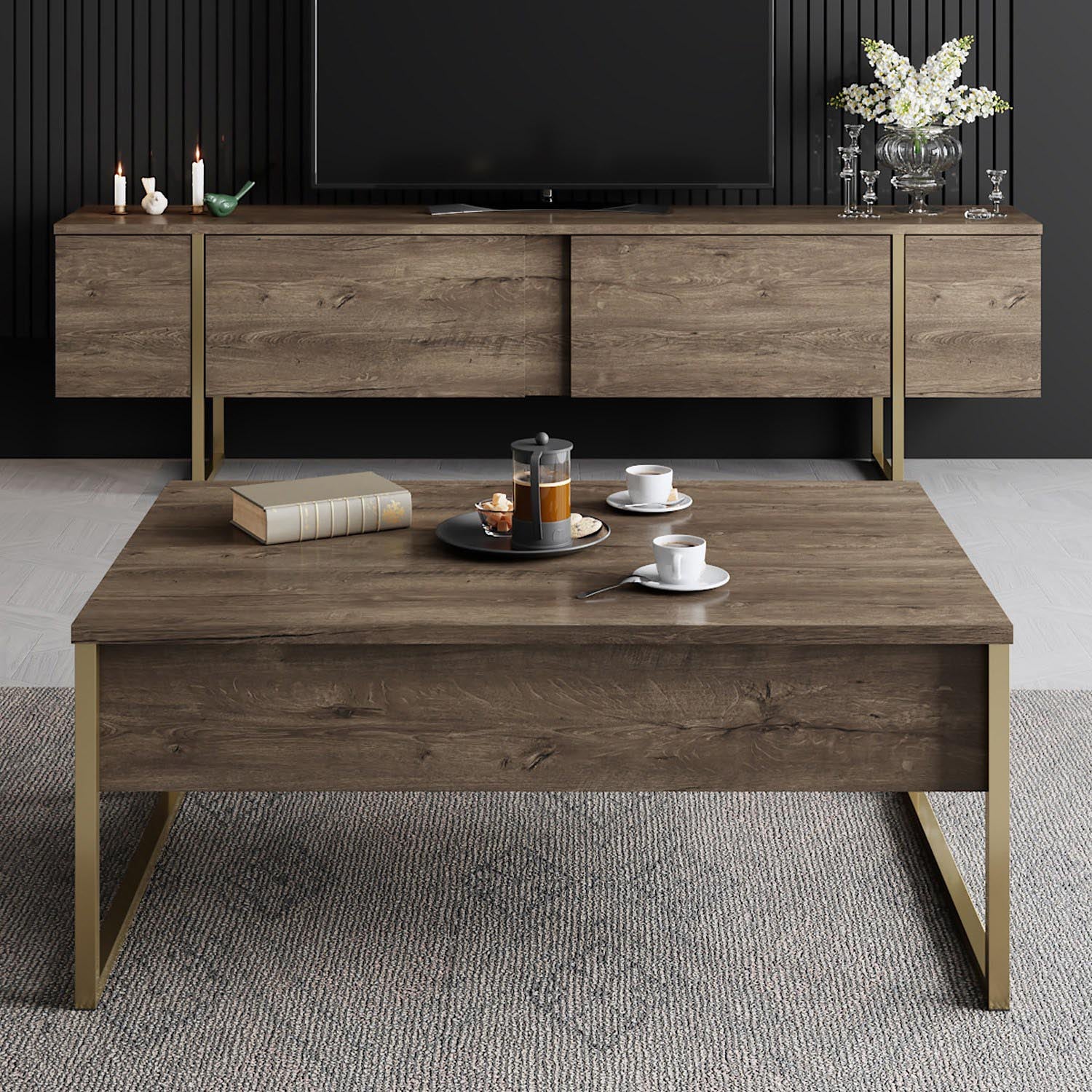 Verleihen Sie Ihrem Wohnraum mit dem luxuriösen TV-Ständer Luxe - Walnut, Gold von Hanah Home einen Hauch von Eleganz und Stil. Hochwertige Materialien und durchdachtes Design.