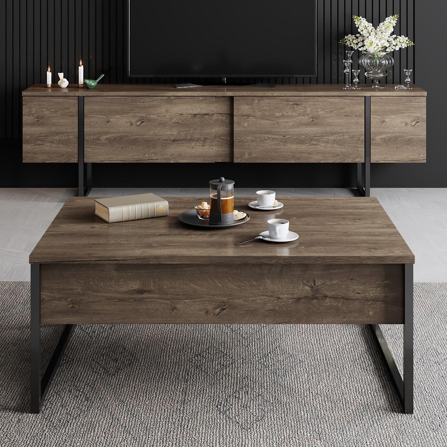 Verleihen Sie Ihrem Wohnraum mit dem eleganten TV-Ständer Luxe - Walnut, Black von Hanah Home einen Hauch von Stil und Funktionalität. Ideal für Ordnung und Ästhetik!