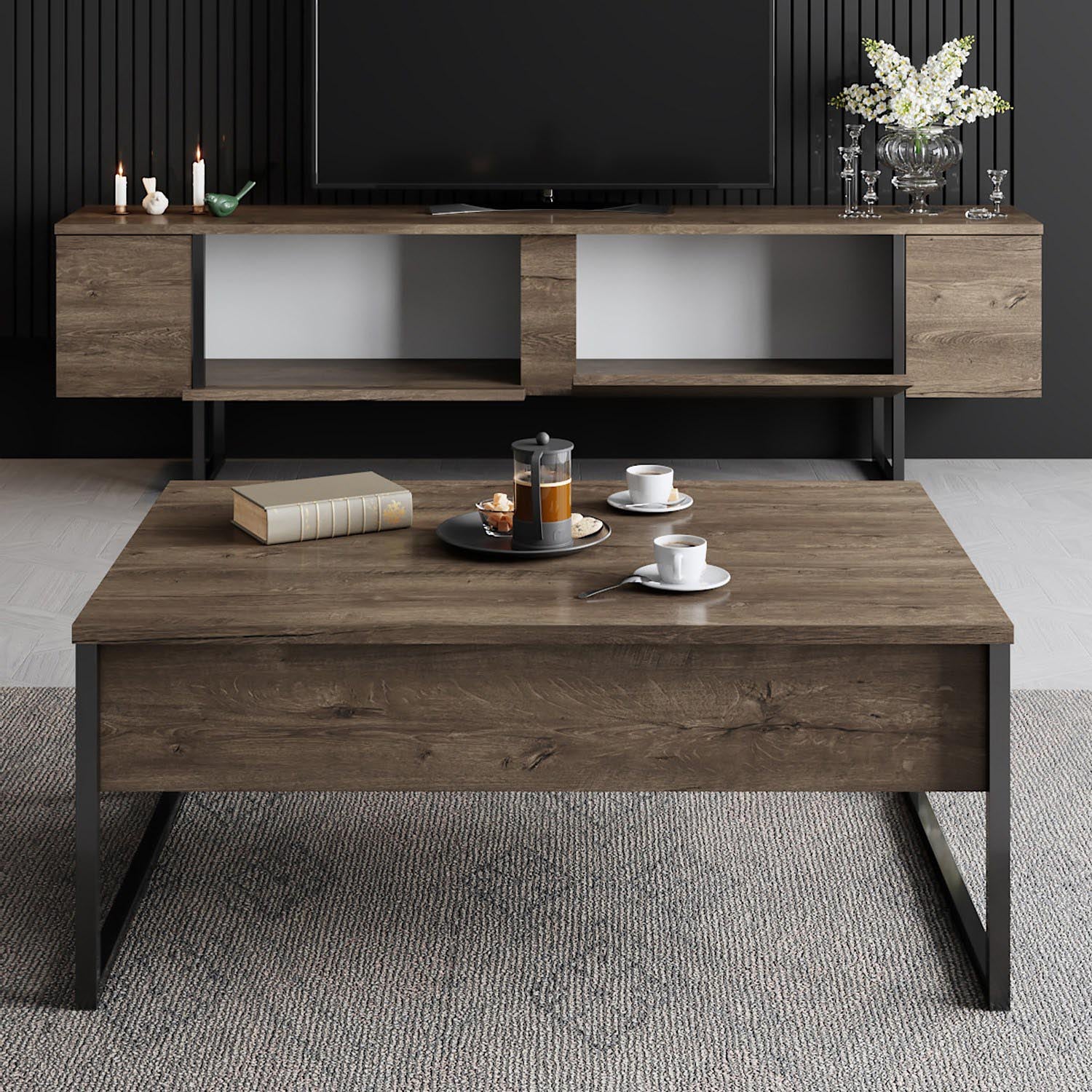 Gestalten Sie Ihr Wohnzimmer mit dem stilvollen TV-Ständer Luxe - Walnut, Black von Hanah Home. Funktionalität trifft auf elegantes Design!