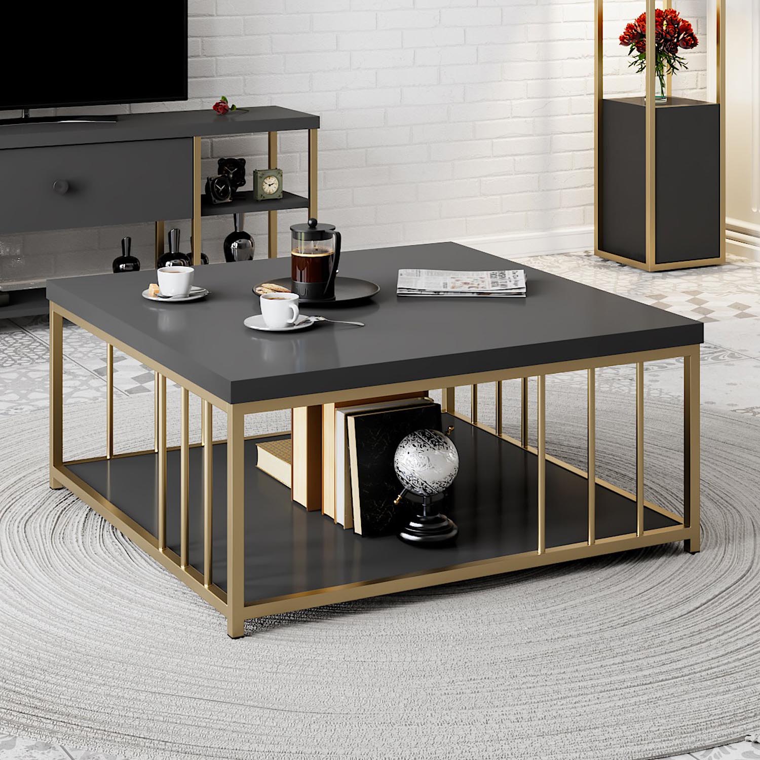 Eleganter Zenn Sofatisch in Anthrazit und Gold von Hanah Home. Hochwertige Materialien und modernes Design für Ihr Zuhause.