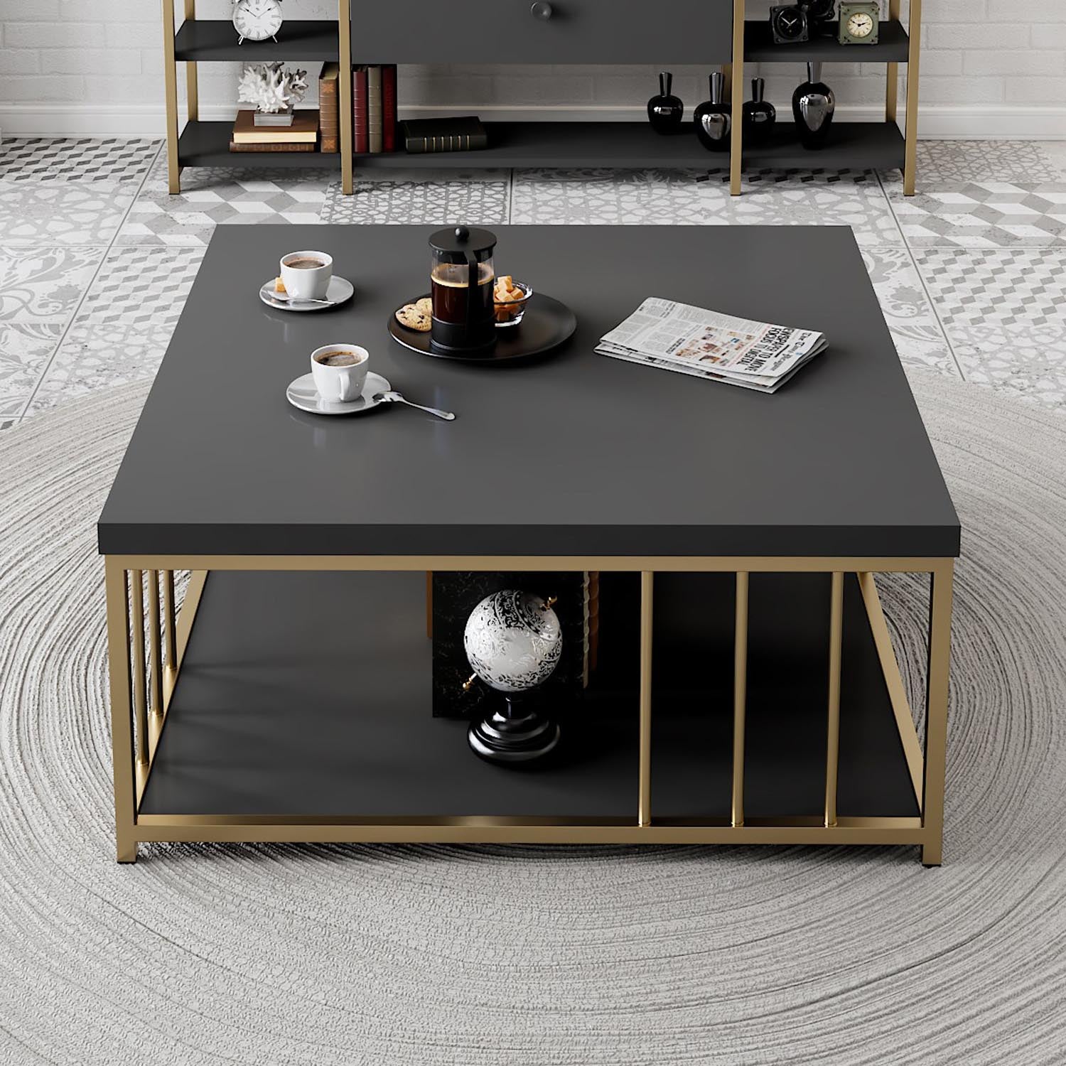 Vielseitiger Zenn Couchtisch in edlem Anthrazit und Gold von Hanah Home. Stilvolles Design und praktische Funktionalität für jeden Raum.