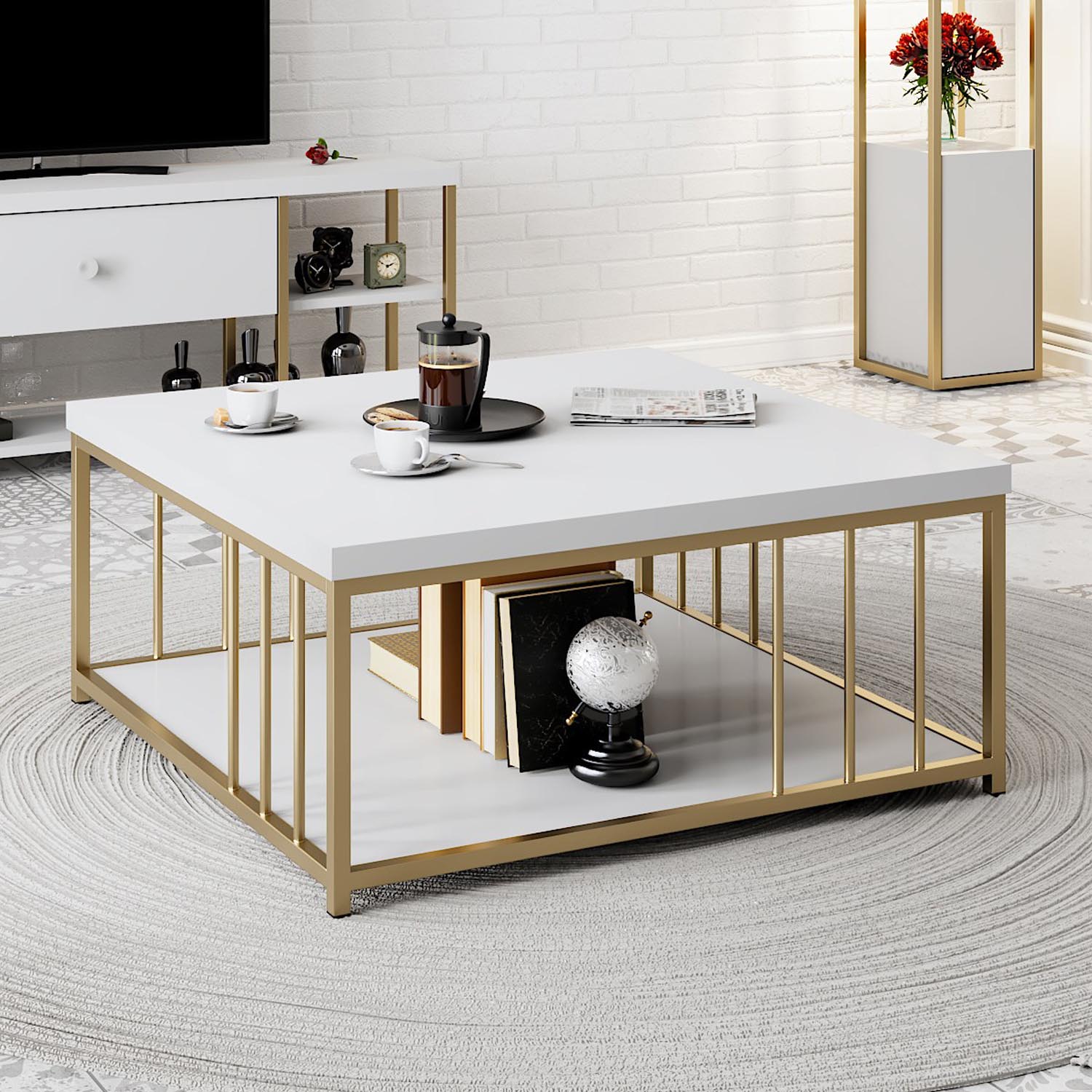 Eleganter Zenn Sofatisch in Weiß und Gold von Hanah Home. Verleihen Sie Ihrem Wohnraum einen Hauch von Luxus und Stil!